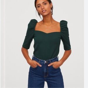 H&M Puff Sleeve Top Dark Green